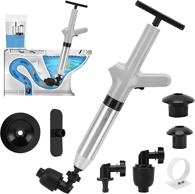 Toilet Plunger Drain Clog Remover, High Pressure Air Drain Remover Tool with Real-Time Barometer, Stainless Steel Clog Toilet Cleaner for Bathroom Kitchen Commercial Floor Sink(Gray)