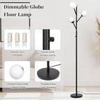 3-Globe Mid Century Black Tree Floor Lamp and Bulbs Included,70in Tall Modern Stepless Dimmable Standing Lamp with Frosted Glass Shade for Living Room Office Bedroom, Study Room(dimmer-Black)