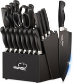 Knife Set, Amorston 21 Pieces Kitchen Knife Set with Block and Sharpener, Ultra-Sharp Knives Set with Ergonomic Handles, Black German Stainless Steel Knife Block Set, Dishwasher Safe