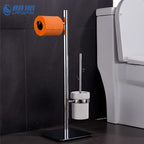 Freestanding Toilet Brush and Paper Holder Set Superior Hotel Luxury Style Join Roll Paper and Toilet Brush Non-Skid Sturdy Floor Stand Brass Chrome with White Ceramic Cup