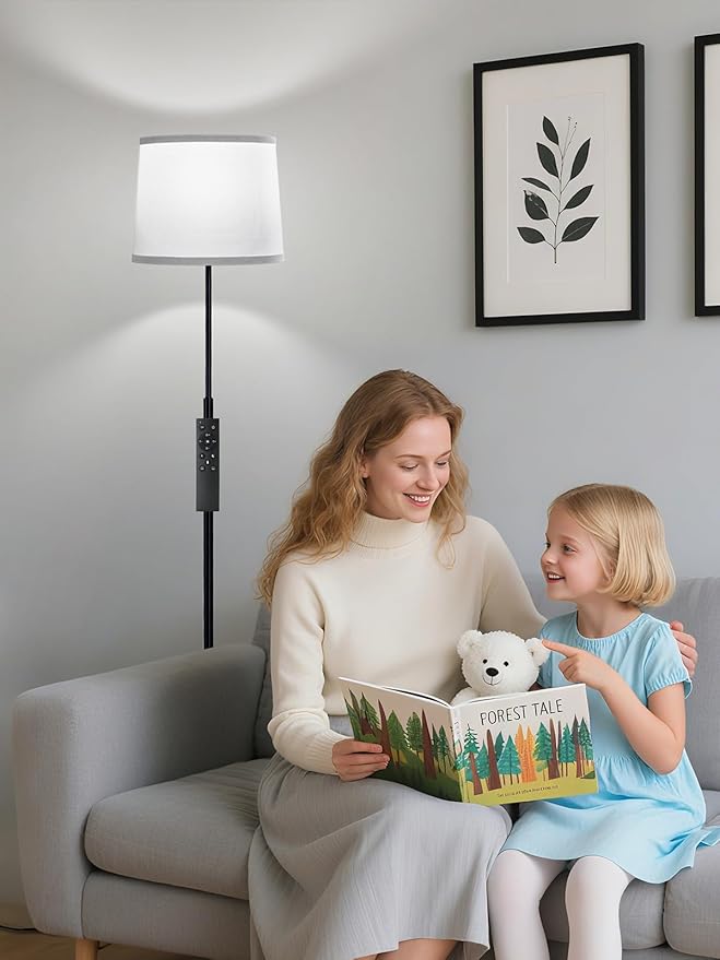 60" Modern Floor Lamp for Living Room Bedroom, Standing Lamp with White Linen Lampshade, Remote and Foot Switch, Tall Lamp with A19 9W 3000K-6000K Color Temperature 10%-100% Brightness Dimmable Bulb