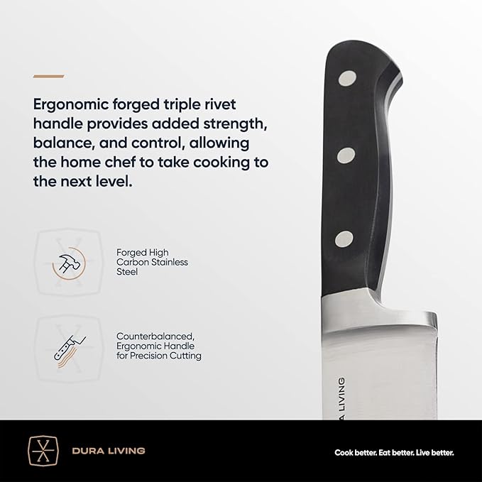 DURA LIVING 8 Inch Professional Chef Knife – High Carbon Stainless Steel, Razor-Sharp, Versatile Cooking & Cutting Kitchen Knife, Ergonomic Handle, Sleek Black Design