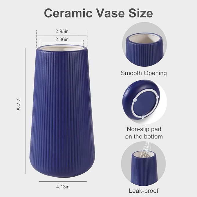 Navy Blue Ceramic Vase, GUKJOB Small Cute Flower Vase for Pampas Grass, Home, Living Room, Dining Table, Farmhouse, Office Decor, Bedroom, Table, and Kitchen Shelf (Navy Blue)