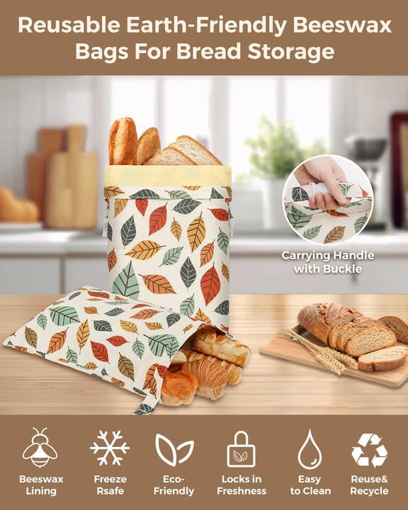 Beeswax Bread Bags for Homemade Bread,Reusable Beeswax Bags for Sourdough, 2 Pack Cotton Linen Food Storage Bag to Keep Fresh - Easy to Clean Organic Beeswax Bag Extra Large 17x12 in