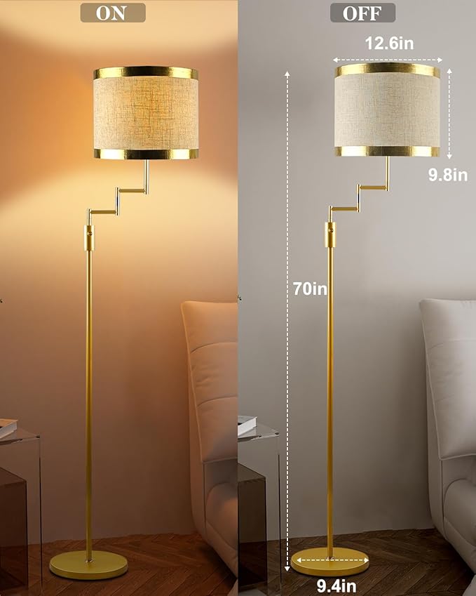 Lightdot 70IN Gold Floor Lamp Dimmable Linen Shade LED Floor Lamps with 3000K for Wedding/Party,350 Degree Swing Arms, Modern Tall Lamp for for Reading, Sewing, and Craft (Bulbs Included)