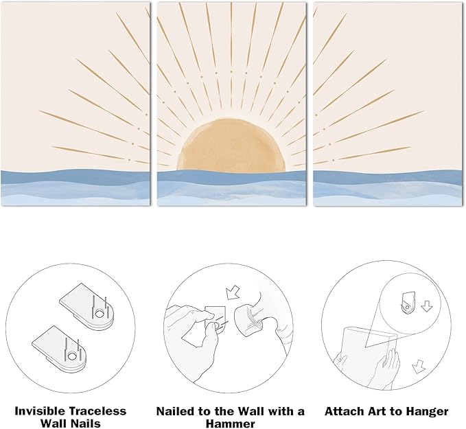 Boho Wall Art Set of 3, Neutral Geometric Sun Rising on the Sea Minimalist Art Framed Canvas Prints Artwork, Mid Century Modern Boho Sun Wall Art Decor for Bathroom, Bedroom, Living Room, Office