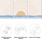 Boho Wall Art Set of 3, Neutral Geometric Sun Rising on the Sea Minimalist Art Framed Canvas Prints Artwork, Mid Century Modern Boho Sun Wall Art Decor for Bathroom, Bedroom, Living Room, Office