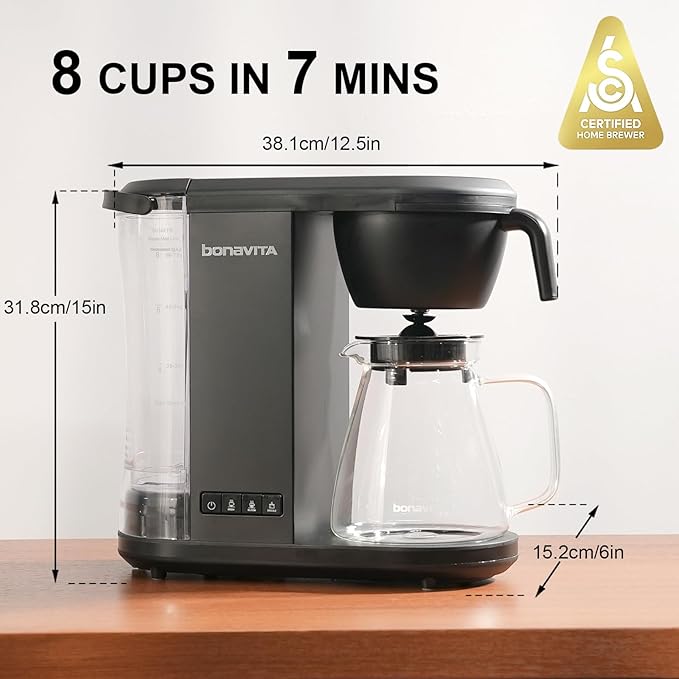 Bonavita Enthusiast 8 Cup Drip Coffee Brewer, Pour Over, SCA Certified Coffee Machine with Glass Carafe, Stainless Steel Panel, Removable Reservoir, Matte Black