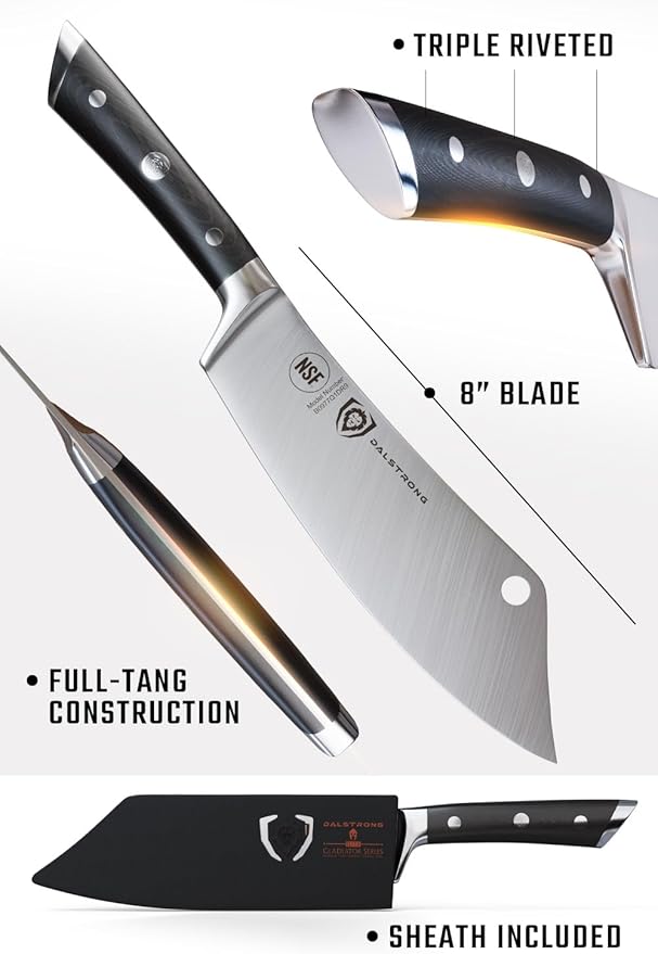 Dalstrong Chef & Cleaver Knife - 8 inch - The Crixus - Gladiator Series Elite - German HC Steel - Hybrid Razor Sharp Kitchen Knife - Black G10 Handle - w/Sheath - Chef Knife - NSF Certified