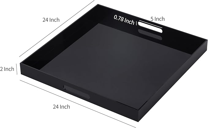 Clear Oversize Acrylic Serving Tray with Handles 24x24 Inch -Spill Proof- Decorative Trays Countertop Organizer for Ottoman,Nightstand, Sidetable, Butler (Glossy Black)