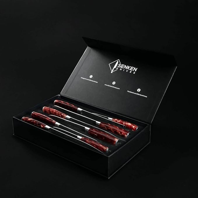 SENKEN 8-piece Japanese Kitchen Knife Set with Red Resin Handle and Laser Damascus Pattern - Crimson Collection - Chef's Knife, Santoku Knife, Paring Knife, & More - Ultra Sharp for Very Fast Cutting