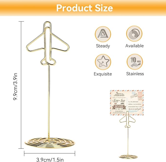 10Pcs Table Number Holders, Message Clip Gold Place Card Holder Desktop Metal Business Card Photo Golden Airplane Holder with Base Table Card Holder Stands Centerpieces for Wedding