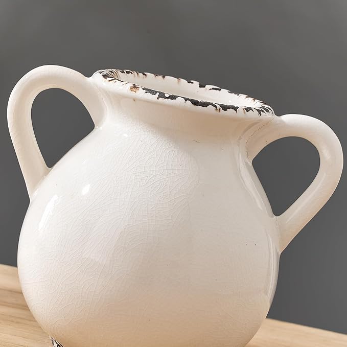 LUKA Antique Ceramic Vase with 2 Handle,6.4 inches Ice Cracked Rustic Vase Minimalist Decor, Decorative Vases for Home Decor, Table, Living Room, Shelf, Christmas Decoration(Small,Ice Cracked White)