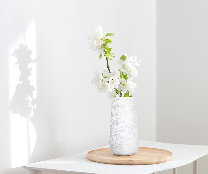 D'vine Dev 8 Inch Textured White Elegant Oval Ceramic Vase for Flowers, Home Décor Vase with Design Box, VS-LD-A-1