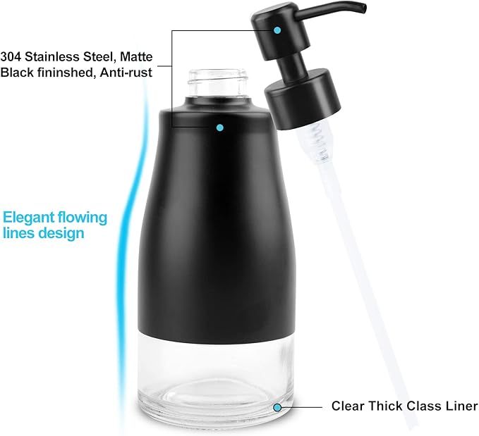 Dish Soap Dispenser with Stickers, 2 Pack Kitchen Dish Refillable Liquid Dispensers, Stainless Steel Case Glass Liner Soap Dispenser for Bathroom Kitchen, Matte Black (10 OZ./ 300ML)