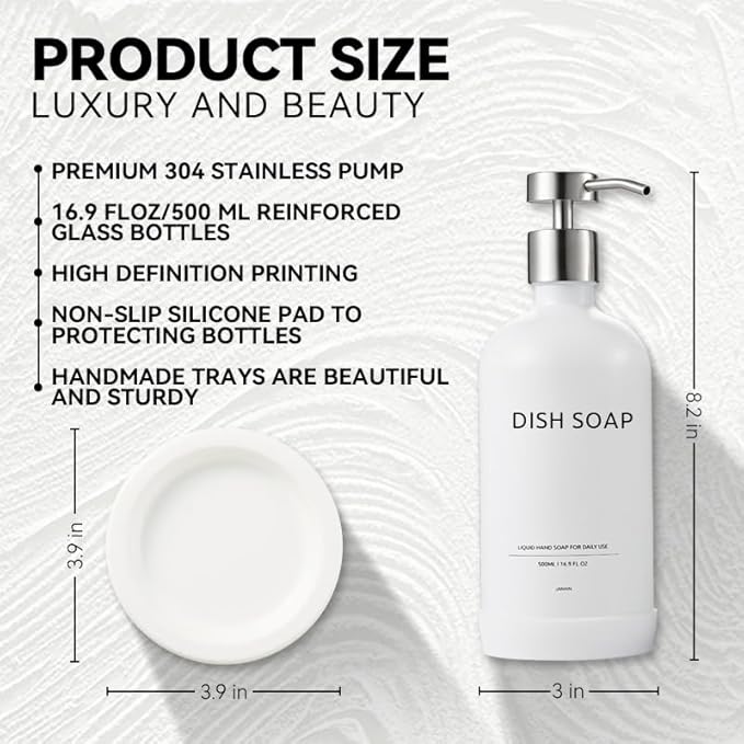 Glass Soap Dispenser Set by Janxin,Bathroom Soap Dispenser Set with Ceramic Tray,Luxury Bathroom Accessories,Modern Kitchen Decor (White+Silver(Dish Soap))