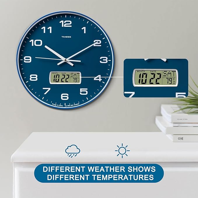 Wall Clock, 12" Dial Non-Ticking Silent Battery Operated Analog with LCD Display for Perpetual Calendar and F° Temperature, Ideal Modern Home, Bedroom, Kitchen, Office Decor (Blue)