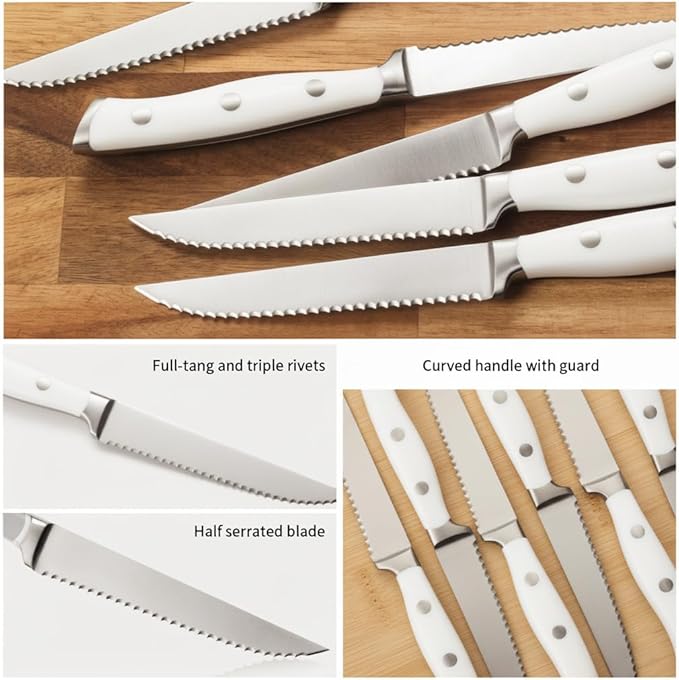 Alata 6-Piece White Steak Knives Set with Block, Stainless Steel Steak Knife set with Serrated Edge, Razor-Sharp, Full-Tang Construction, Dishwasher Safe
