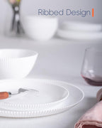 7.5 inch Ribbed Salad Appetizer Plate Set of 6, Opal Glass Round Small White Plates for Dessert, Kitchen, Dishwasher and Microwave Safe