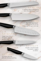 Lordelle Knife Block Set - 5 Piece Set - Black Vintage Ink - Lifestyle Home Kitchen Design - German X50 Stainless Steel - ABS Handle - Ash Wood Block - Cooking Chef Knife, Santoku, Paring, Utility