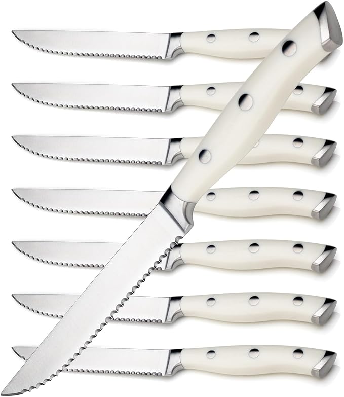 Alata 8-Piece White Steak Knives Set, Stainless Steel Steak Knife set with Serrated Edge, Razor-Sharp, Full-Tang Construction, Dishwasher Safe