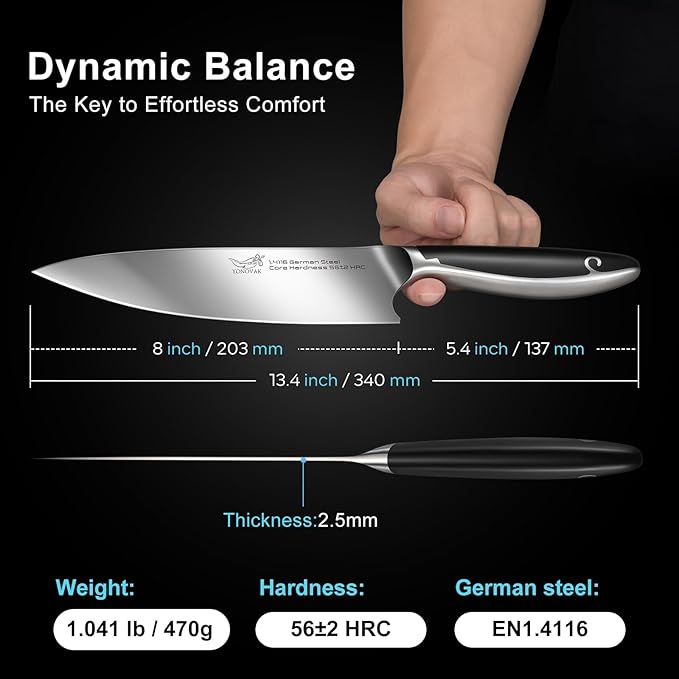 8 Inch German Chef Knife in EN1.4116 High Carbon Steel, Ultra Sharp Non-Slip Full-Tang Handle Kitchen Knife, Dishwasher Safe Rust Resistant Chefs Knife, Thoughtful Birthday Gifts for Women