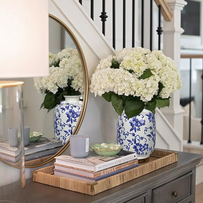 Hollyone Blue and White Porcelain Vase Large Chinoiserie Floral Vintage Tall Blue Ceramic Vases for Home Mantle Shelf Living Room Table Centerpieces Decor, 7.3 Inch
