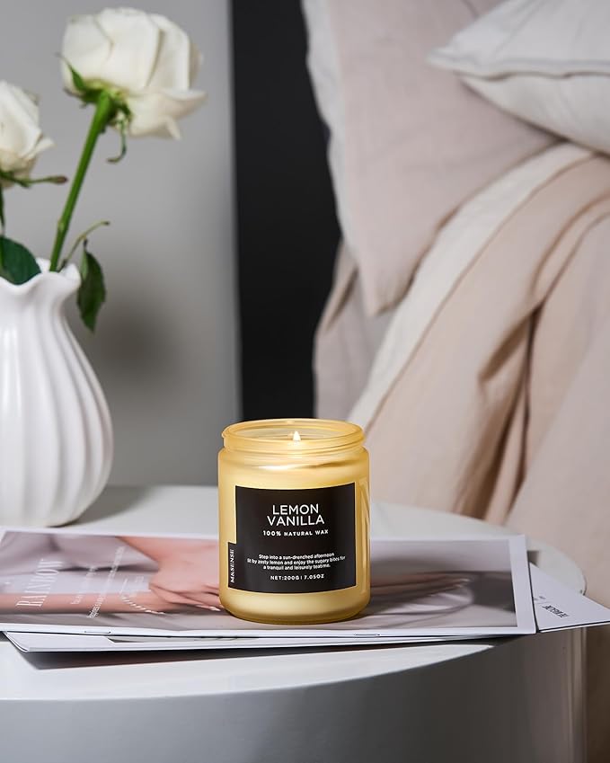 M&SENSE Lemon Vanilla Scented Slow Burning Candles for Home Scented, All Natural Soy Candles 7.05oz 50 Hours Slow Burning in Glass Jar, Stress Relief Gifts for Women and Men