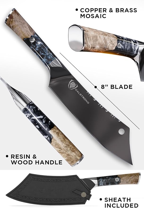 Dalstrong Crixus Chef Knife - 8 inch - Valhalla Series - Black Blade Titanium Coated - 9CR18MOV HC Steel - Resin & Wood Handle -Kitchen Cooking Chef's Knife - Leather Sheath