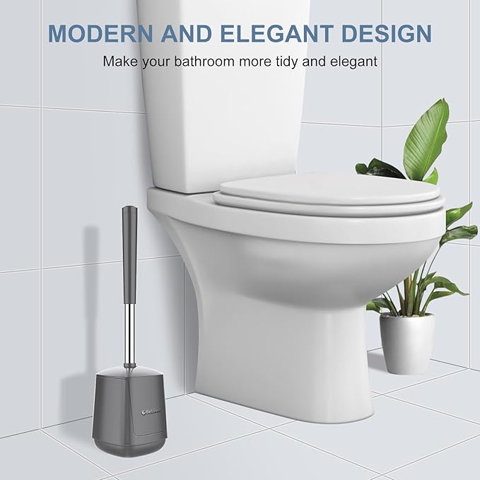SetSail Toilet Brush and Holder 3 Pack, Self Closing Lid Toilet Bowl Brushes Holder Extra Long Handle Ventilated Toilet Brush Set for Bathroom Cleaning, Nylon Bristles, Grey