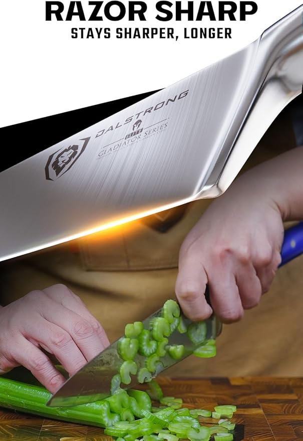 DALSTRONG Chef Knife - 8 inch Blade - Gladiator Series - Forged High Carbon German Steel - Razor Sharp Kitchen Knife - Professional Full Tang Knives - Blue Handle ABS - Sheath - NSF Certified