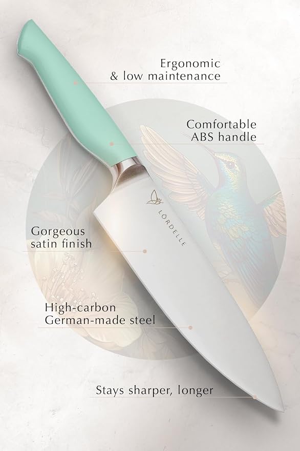 Lordelle Knife Block Set - 5 Piece Set - Coastal Green - Lifestyle Home Kitchen Design - German X50 Stainless Steel - ABS Handle - Ash Wood Block - Cooking Chef Knife, Santoku, Paring, Utility