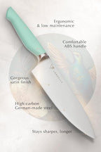 Lordelle Knife Block Set - 5 Piece Set - Coastal Green - Lifestyle Home Kitchen Design - German X50 Stainless Steel - ABS Handle - Ash Wood Block - Cooking Chef Knife, Santoku, Paring, Utility