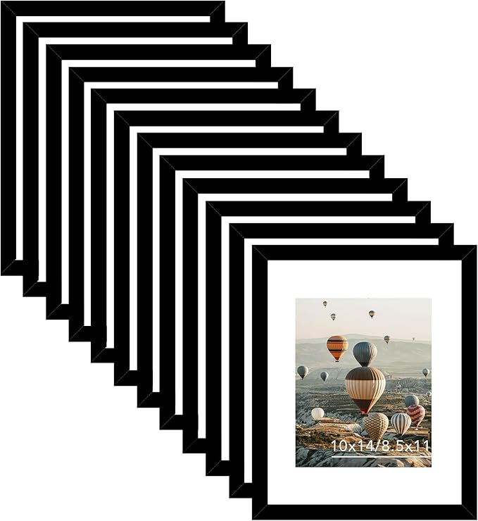 10x14 Picture Frame Set of 12 for 30 x 40 cm Diamond Art Painting, Display 8.5x11 with Mat or 10x14 without Mat, Wood 10 by 14 Wall Gallery Poster Photo Frames Bulk with 8.5x11 Mat,12 Pack, Black