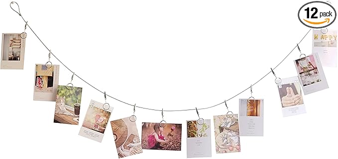 Multi-Purpose Steel Wall Hanging Photo Display Cable Wire Rod with 12 Adjustable Clips for Hanging Photos Notes Postcard and Artworks (Round)