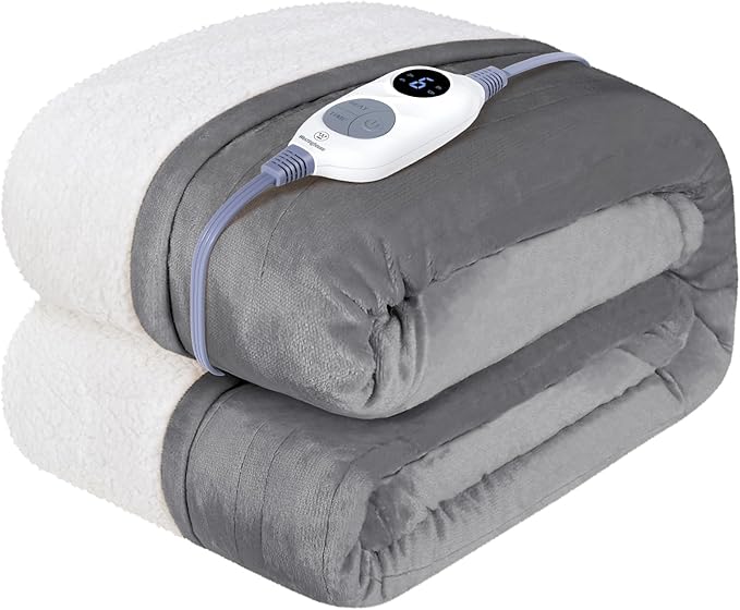 Westinghouse Heated Throw Blanket, Soft Flannel to Sherpa Electric Throw with 6 Heating Levels, 2-10 Hours Time Settings, Fast Heating, Machine Washable 50x60 Inch, Light Grey