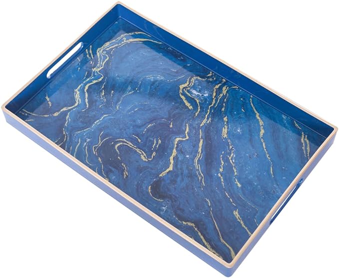 MAONAME Decorative Tray, Plastic Marbling Tray with Handles, Rectangular Coffee Table Trays and Serving Trays for Ottoman, Bathroom, 15.7” x 10.2”, Blue
