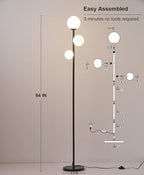 Fiqevs 3 Globe Mid Century Modern Floor Lamp, 3 x 800LM LED Bulbs Included, Matt Black Standing Lamp with Sphere Frosted Glass Shade, Vintage Retro Tall Pole Lamp for Living Room, Bedroom Office