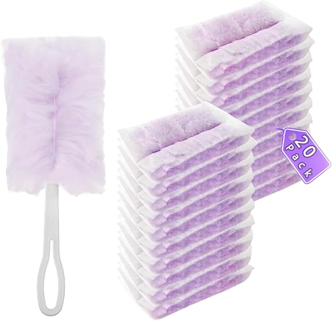 Duster Refills Compatible with Swiffer Duster, Heavy Duty Multi Surface Duster Replacement with 1 Extra Handle for Cleaning Furniture, Blinds, Ceiling Fans and Car (Purple- 20 Pack)
