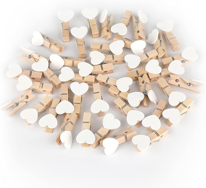 100 Pcs White Mini Wooden Heart Clothespins 3.5 cm with Spring Wooden Photo Paper Pegs Craft Clips for Wedding Party Decor with 100 Feet Jute Twine