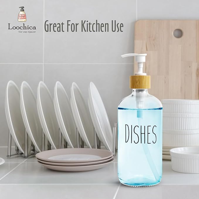 Dish Clear Glass Soap Dispenser with Plastic Pump, 16 Oz Transparent Dish Soap Dispenser Set Refillable Reusable Apothecary Soap Pump Dispenser Bottles for Bathroom and Kitchen