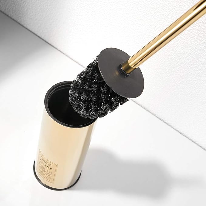 Freestanding Toilet Brush Holder for bathrooms 304 Stainless Steel Toilet Brush Stand Round Storage and Organization Rust Resistant 18-inch high Polished Gold Finished