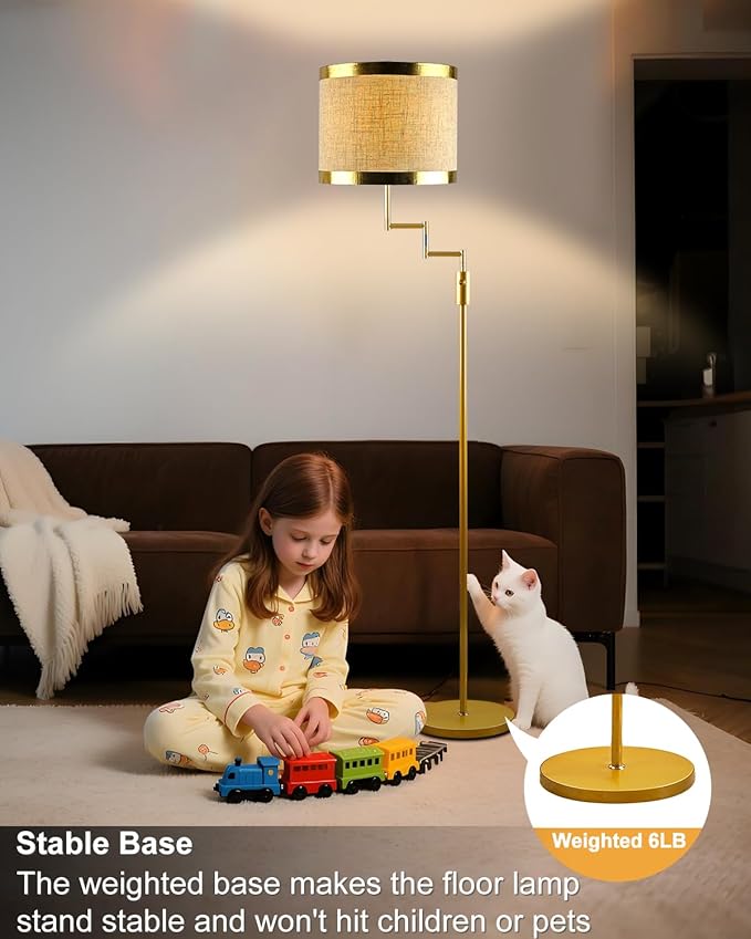 Lightdot 70IN Gold Floor Lamp Dimmable Linen Shade LED Floor Lamps with 3000K for Wedding/Party,350 Degree Swing Arms, Modern Tall Lamp for for Reading, Sewing, and Craft (Bulbs Included)