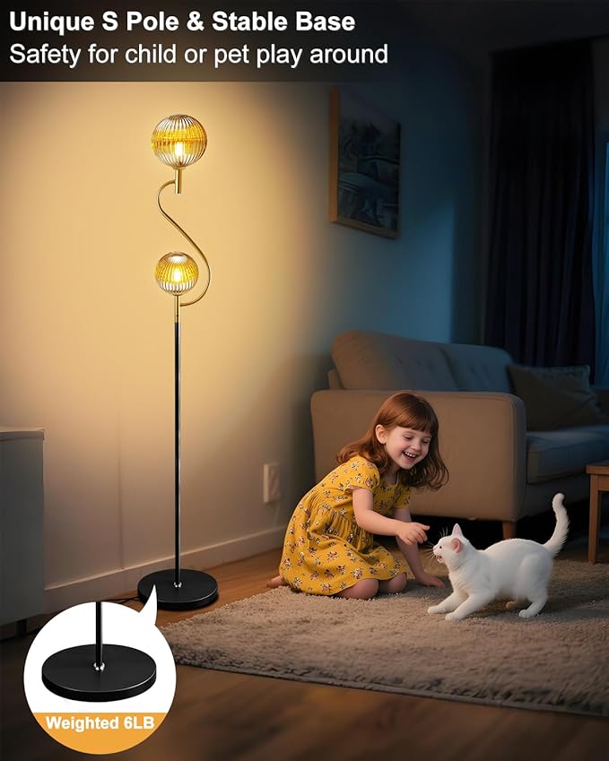 Lightdot Gold & Black Floor Lamp, Mid Century Standing Lamps with Globe Teaed-Strip Glass Shade Soft Warm White Eye Care 3000K Bulbs Included, Modern Tall Floor Lamp for Living Room Bedroom