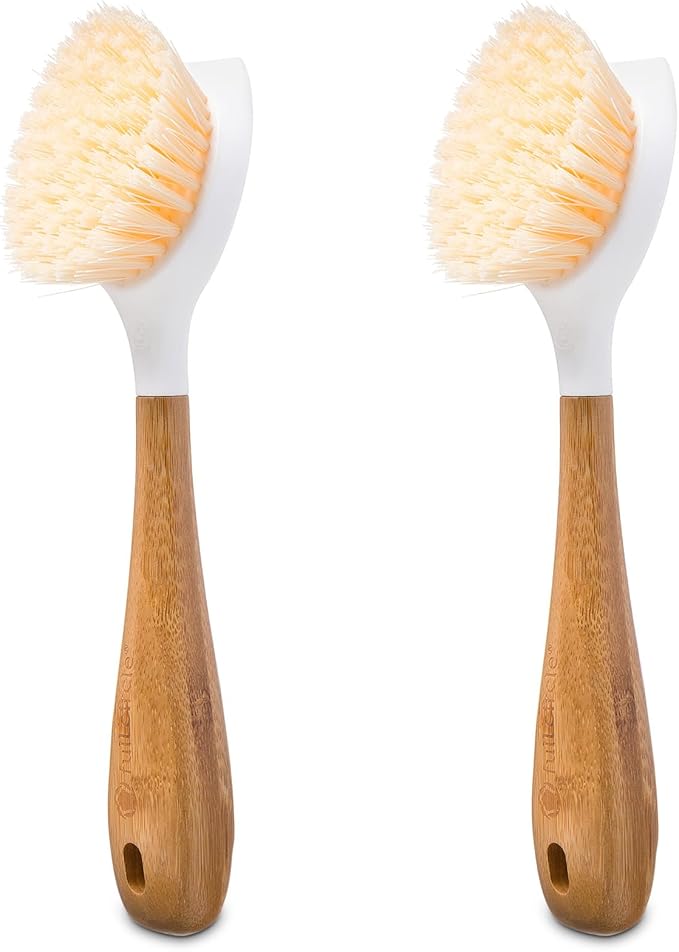 Full Circle Be Good Kitchen Dish Brush with Bamboo Handle – Long Handle Dish Scrubber with Tough Bristles, White 2pk