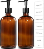 GMISUN Amber Glass Soap Dispenser, 2 Pack Bathroom Hand Soap Dispensers with Stainless Steel Pump, 17 Fl Oz Kitchen Hand and Dish Soap Dispenser Set, Modern Vintage Liquid Brown Soap Dispensers Bottle