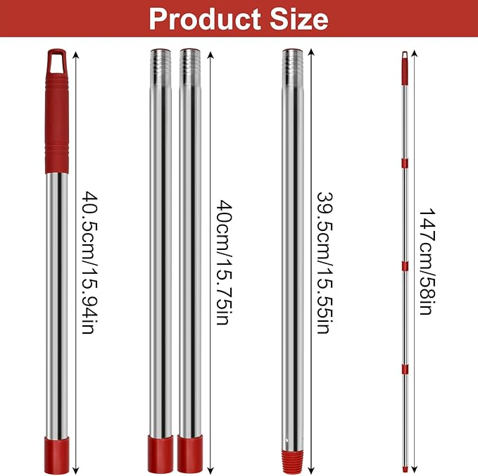 4 Section Stainless Spin Mop Replacement Handle for O Cedar Spin Mop Handle for Ocedar Spin Mop Handles Adjustable 30" to 58" Mop Stick Pole to Various Floor Clean, Universal Screw Joint (No Mop Head)
