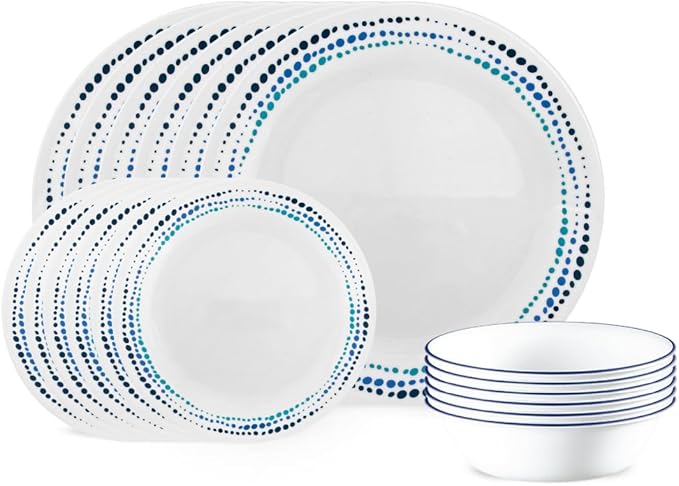 Corelle Vitrelle 18-Piece Service for 6 Dinnerware Set Triple Layer Glass and Chip Resistant, Lightweight Round Plates and Bowls Set, Ocean Blue