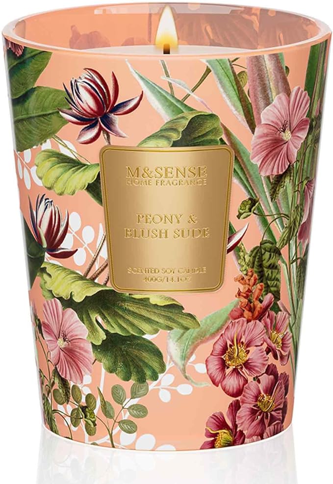 M&SENSE Peony Blush Sude Scented Natural Soy Wax Candle, 14.1oz 60 Hours Long Lasting Slow Burning Candles for Home Decor, Aromatherapy Candle for Stress Relief
