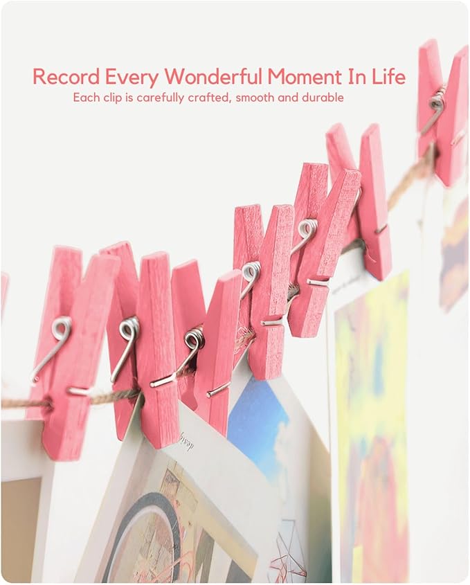 Clothes Pins Mini Clothespins Pink - 100 PCS Wooden Small Clothespins for Pictures with Jute Twine Tiny Photo Paper Clip, Ideal for Baby Shower, Crafts, Chip Clips, Home Office Decoration